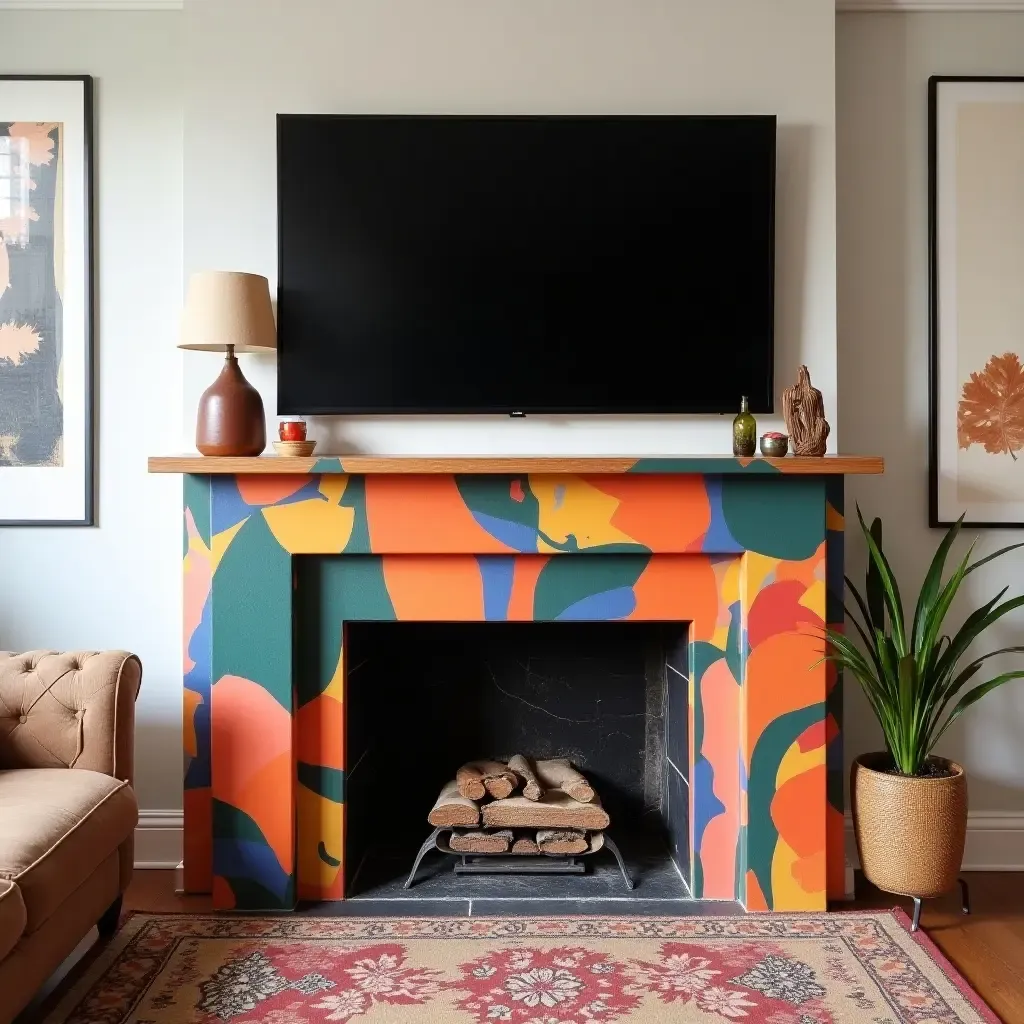 a photo of an eclectic space featuring a TV above a colorful, artistic fireplace mantel