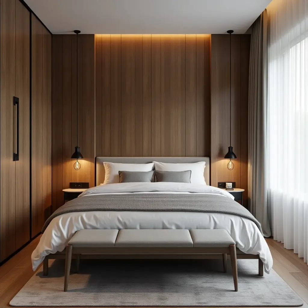 a photo of a small bedroom with reclaimed wood accents and modern lighting