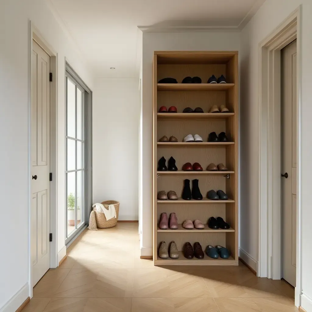 a photo of a wooden shoe rack in a welcoming corridor