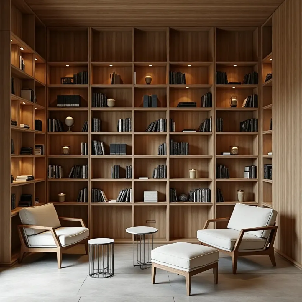 a photo of a contemporary library with geometric shelving arrangements