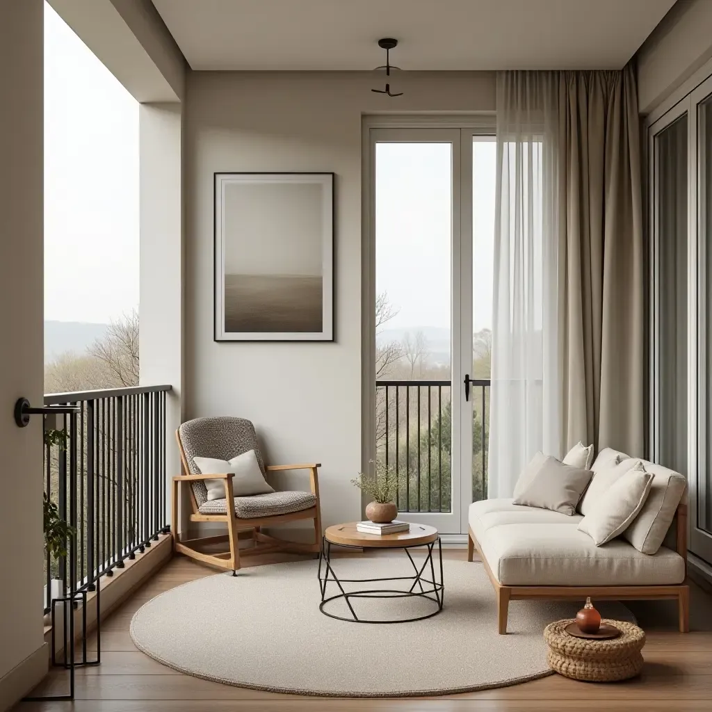 a photo of a stylish balcony decorated with Scandinavian art and light, airy fabrics