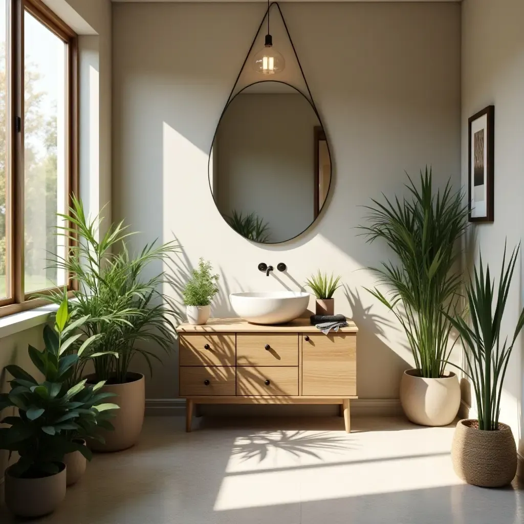 a photo of a charming bathroom with potted plants and natural textures