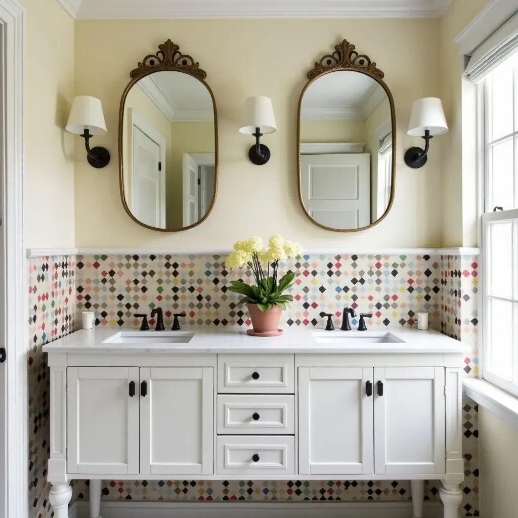 a photo of a bathroom with a colorful tiled backsplash and vintage mirrors