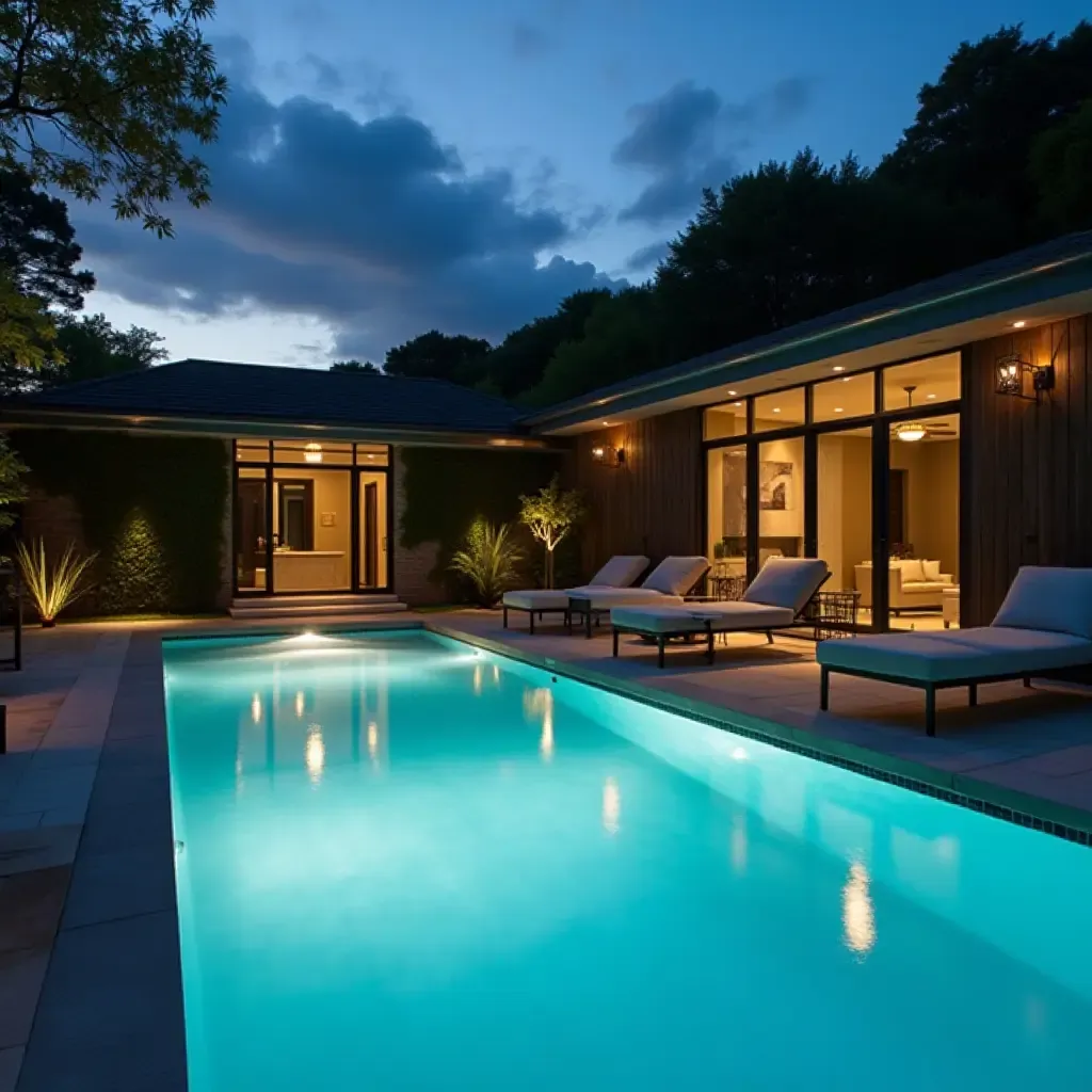 a photo of a modern pool area with geometric light fixtures