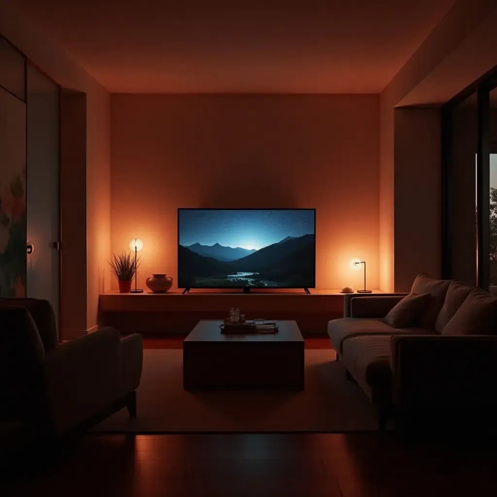 a photo of a small living room with ambient lighting from a TV