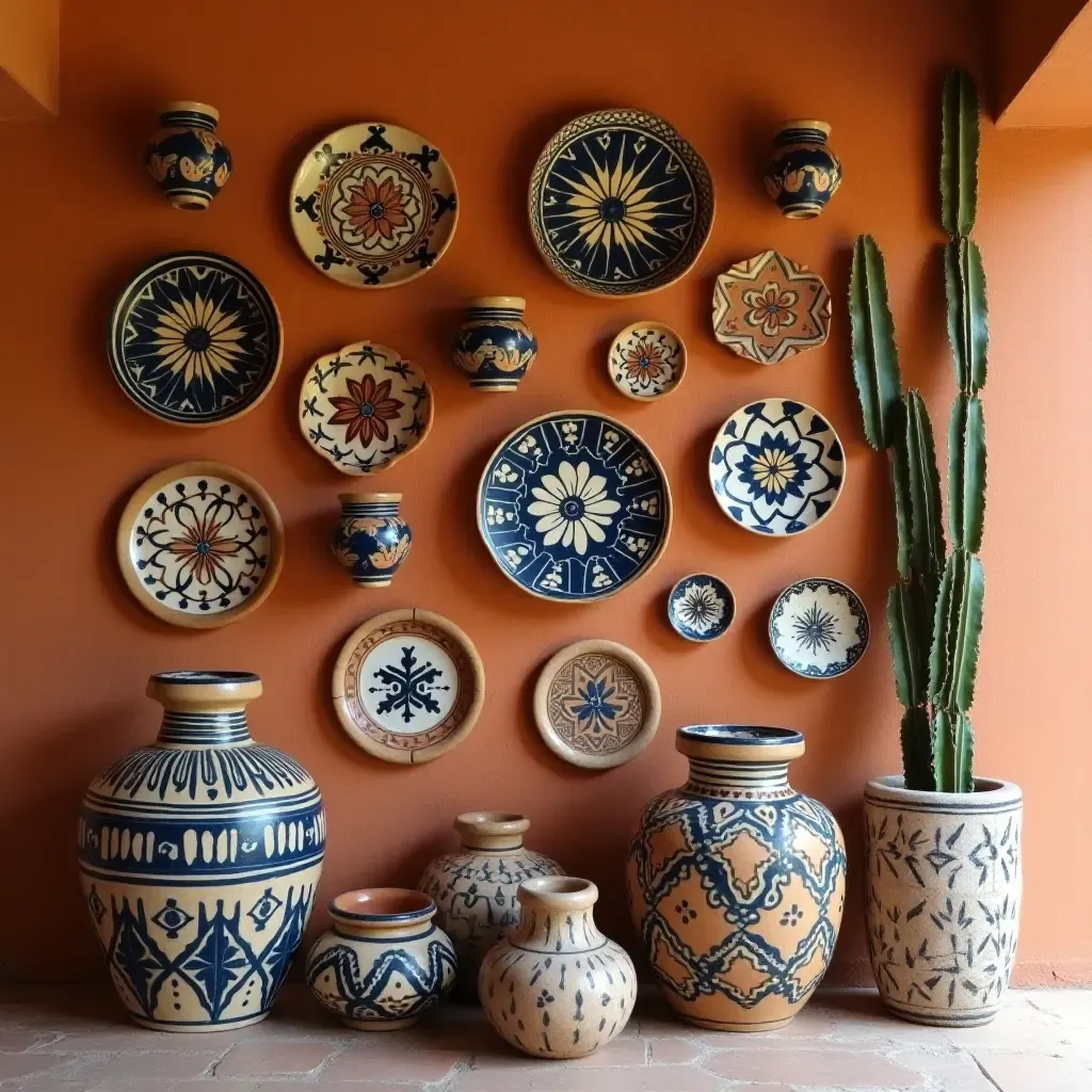 a photo of a decorative wall featuring handmade Mexican pottery