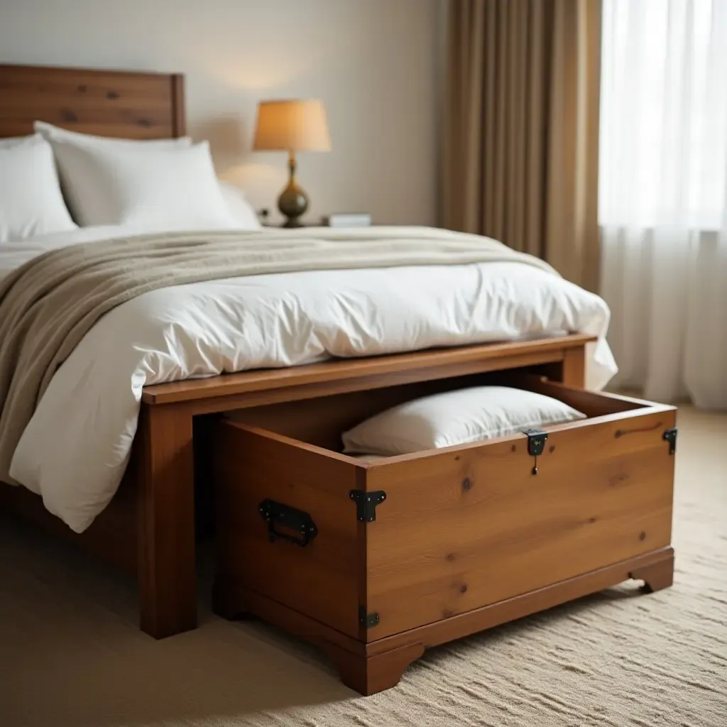 a photo of a wooden chest at the foot of a bed