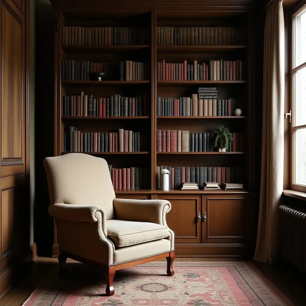 a photo of a vintage armchair next to a bookshelf filled with classics