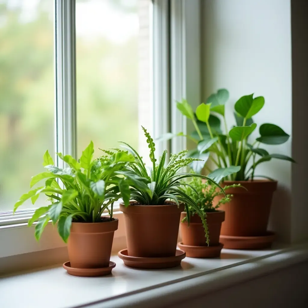 a photo of a creative plant arrangement on a windowsill