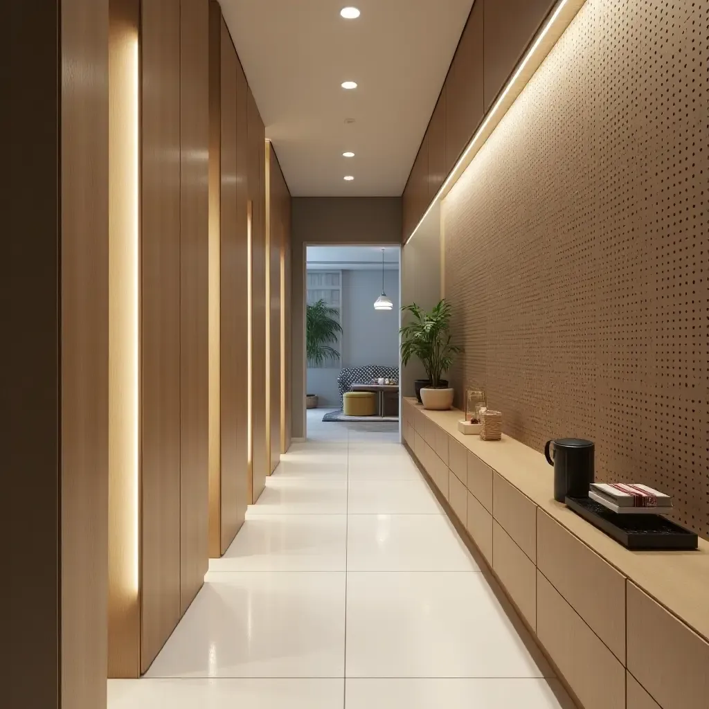 a photo of a corridor with a pegboard for organized storage