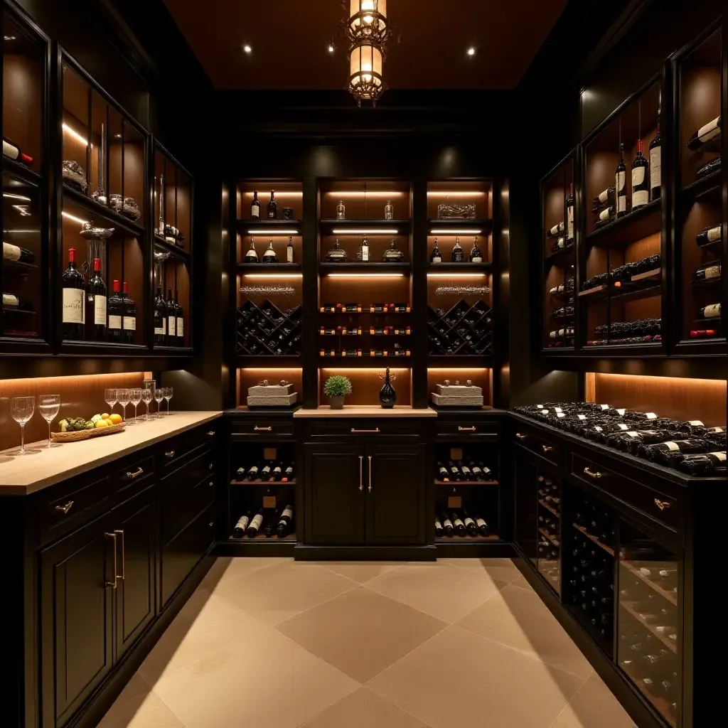 a photo of a sophisticated wine cellar with custom shelving and mood lighting