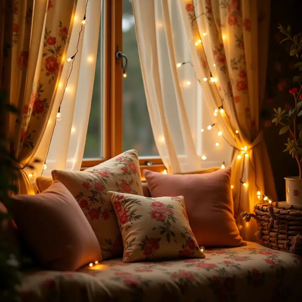 a photo of a cozy reading nook with floral cushions and fairy lights