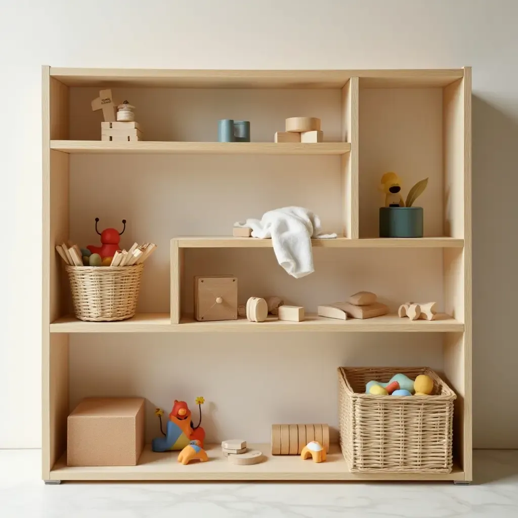 a photo of a playful, interactive shelf with puzzles and games for kids