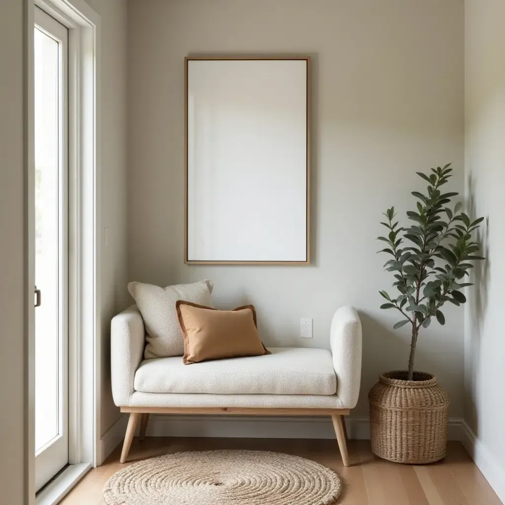 a photo of a cozy nook with a plush bench in a welcoming entryway