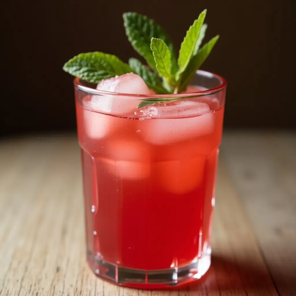 a photo of a chilled glass of Kokum Sherbet with mint leaves and ice cubes.