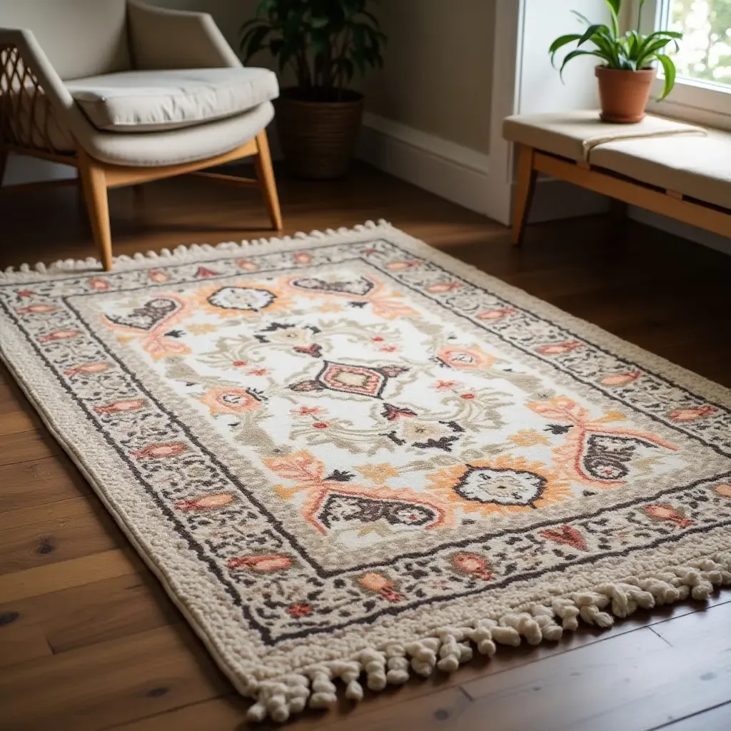 a photo of a cozy rug with intricate patterns on a wooden floor