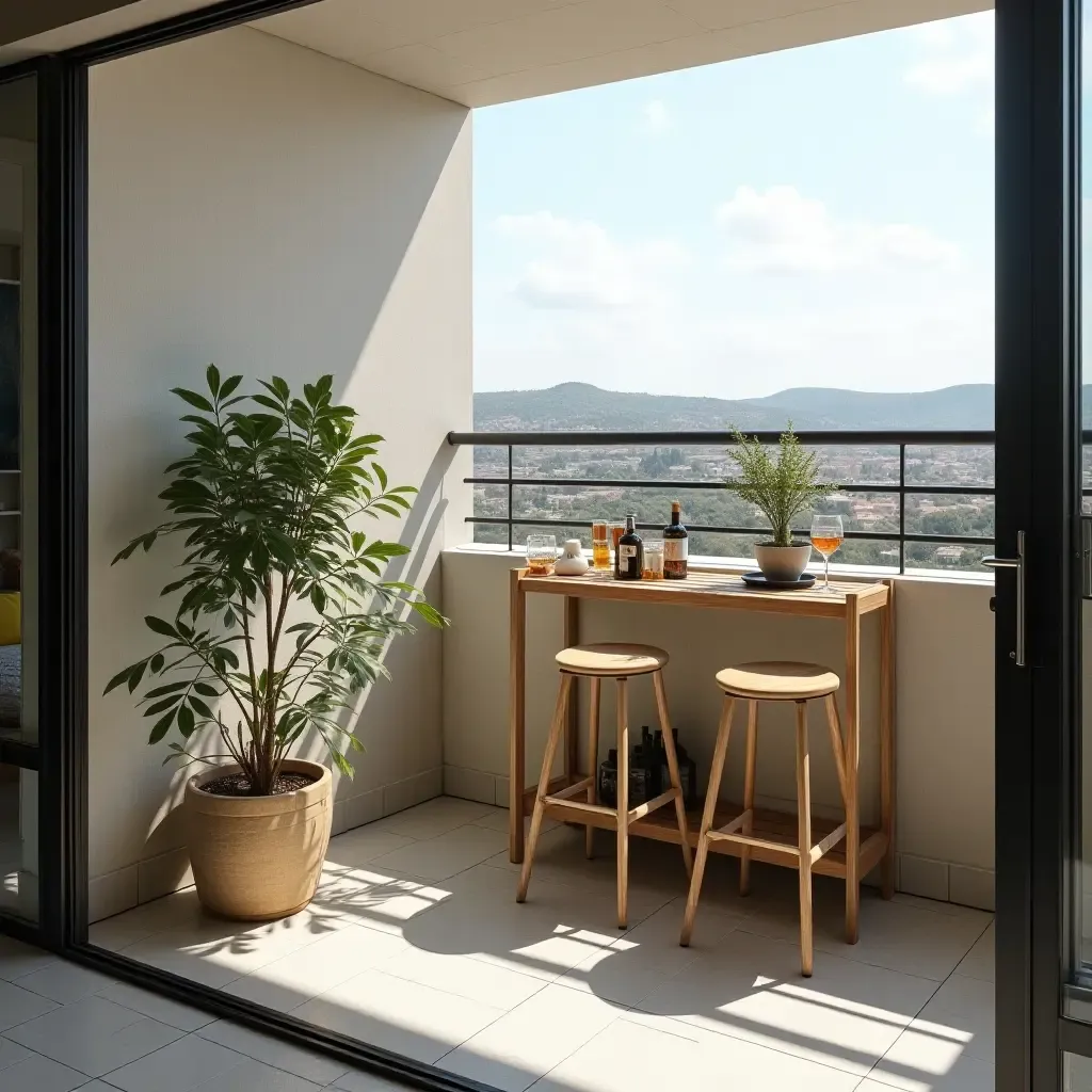 a photo of a balcony with a small bar cart and stools