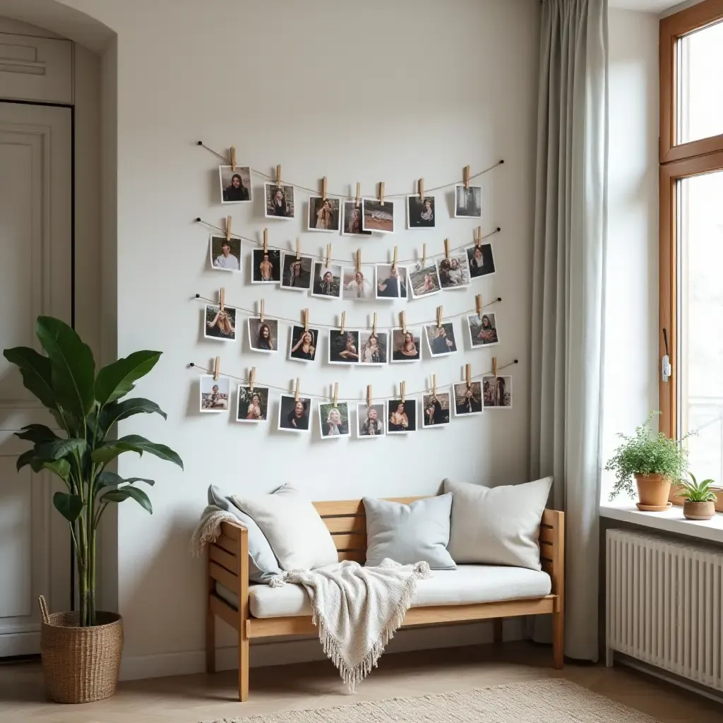 a photo of a balcony decorated with DIY photo wall using string and clips