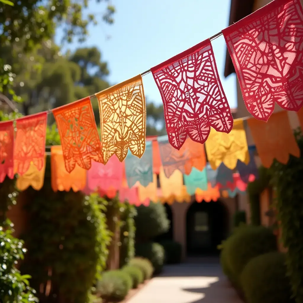 a photo of colorful papel picado banners fluttering in a sunny backyard