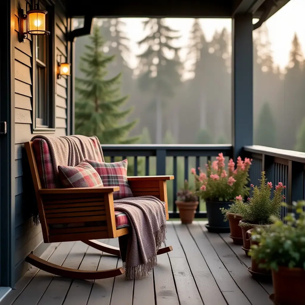 a photo of a cozy balcony with a swing chair and plaid blankets