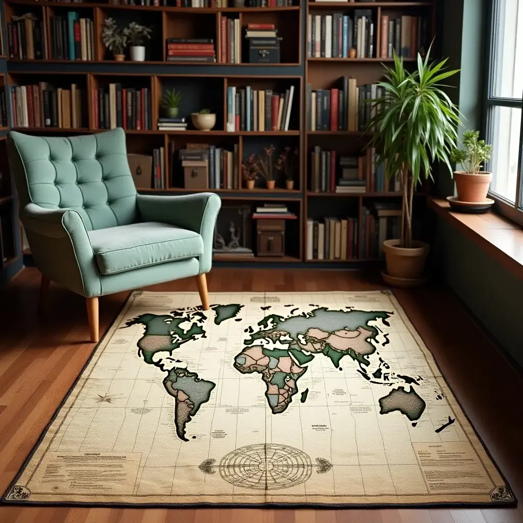 a photo of a vintage map rug in a travel-themed library corner