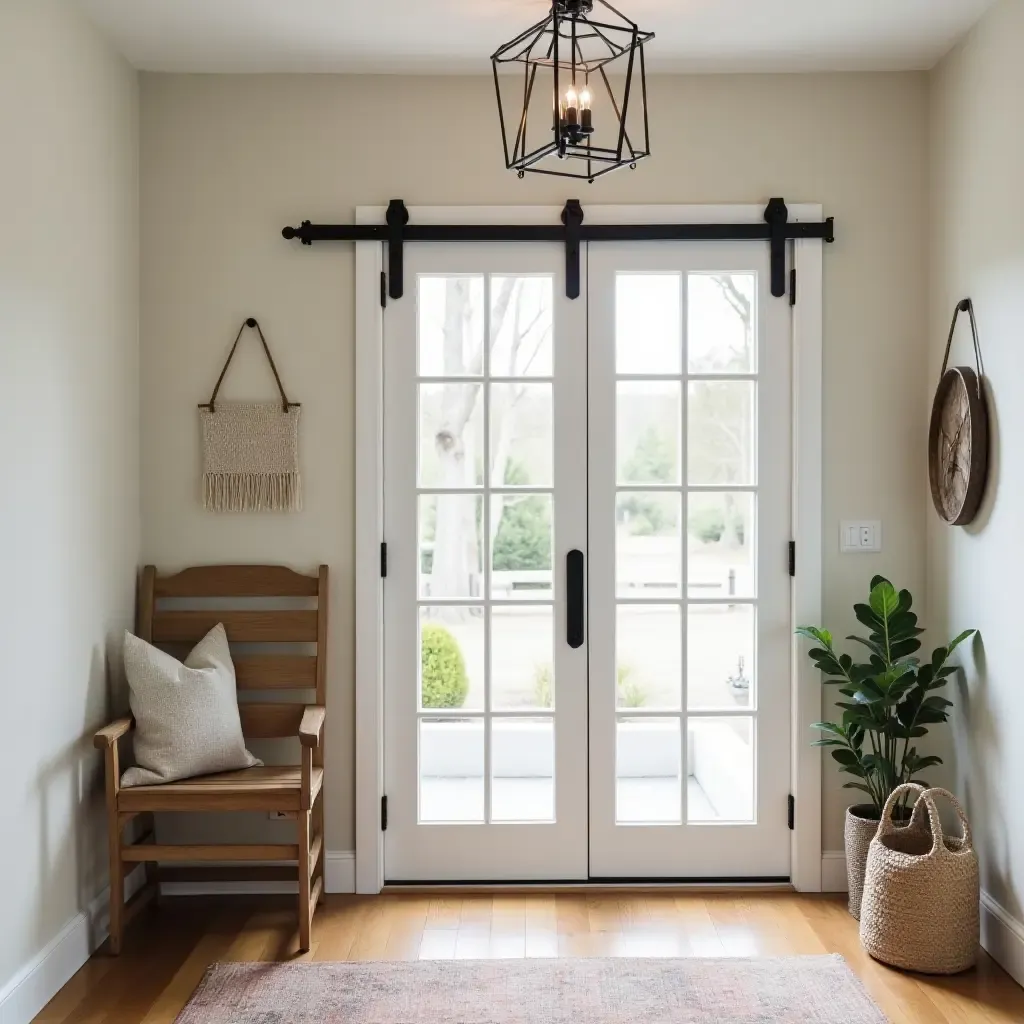 a photo of a charming entryway with a sliding barn door and decor