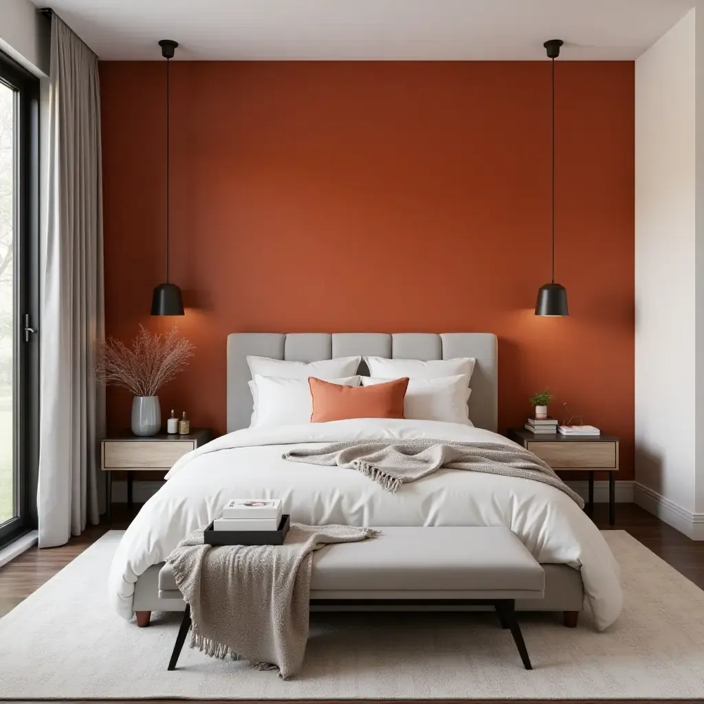 a photo of a stylish master bedroom featuring a bold color accent wall