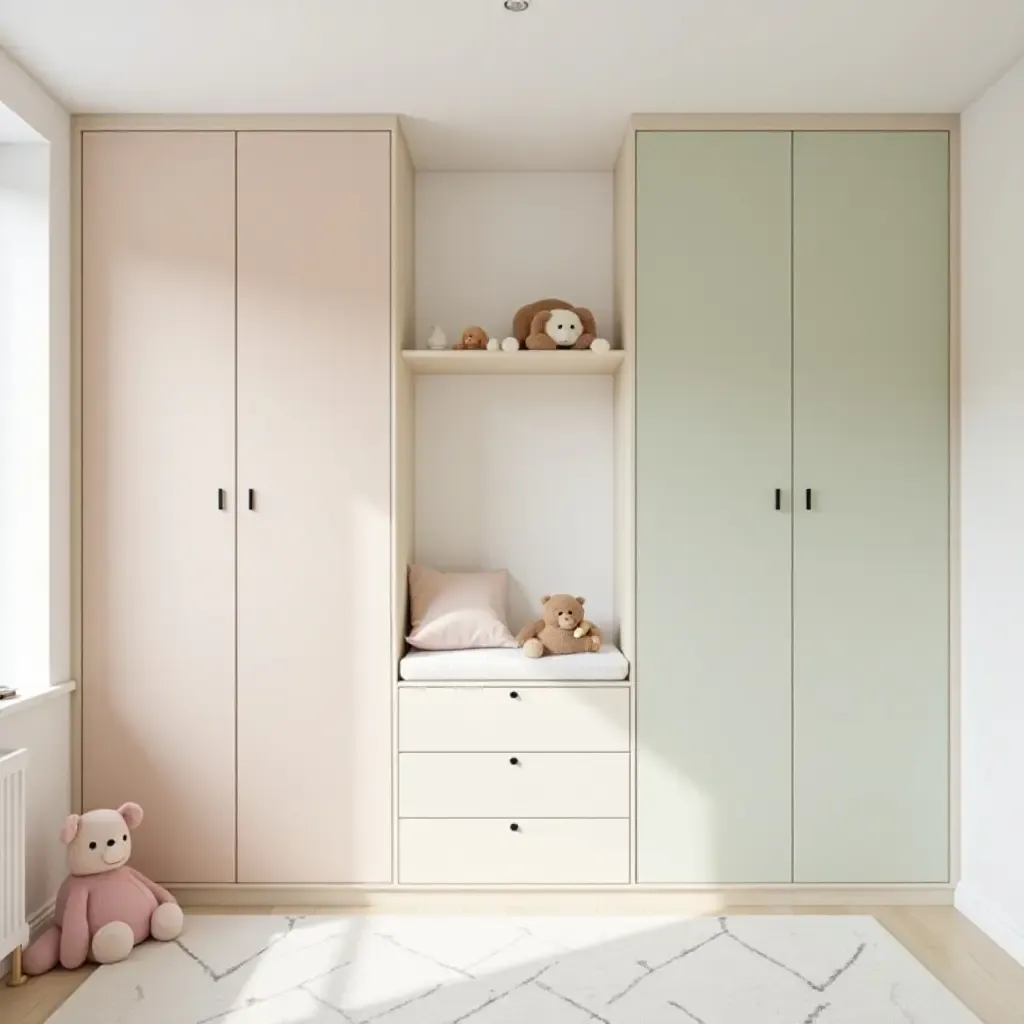 a photo of a minimalist nursery with smart storage solutions and pastel colors