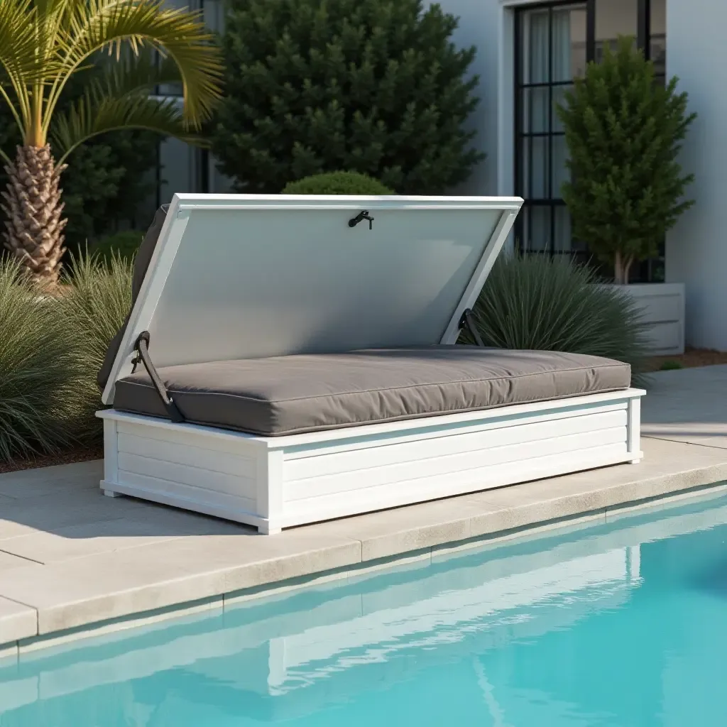 a photo of a sleek poolside storage box blending with decor