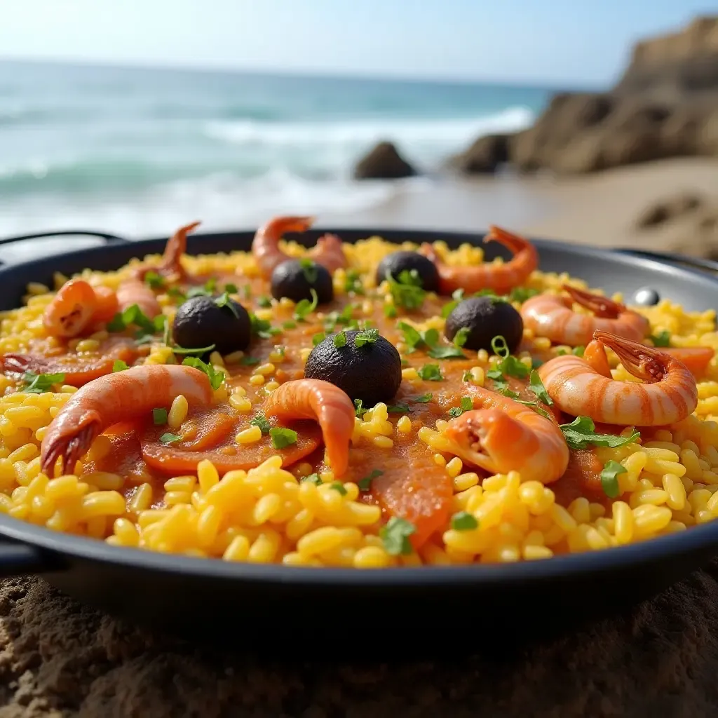 a photo of a Valencian paella pan filled with saffron rice and seafood on a beach.