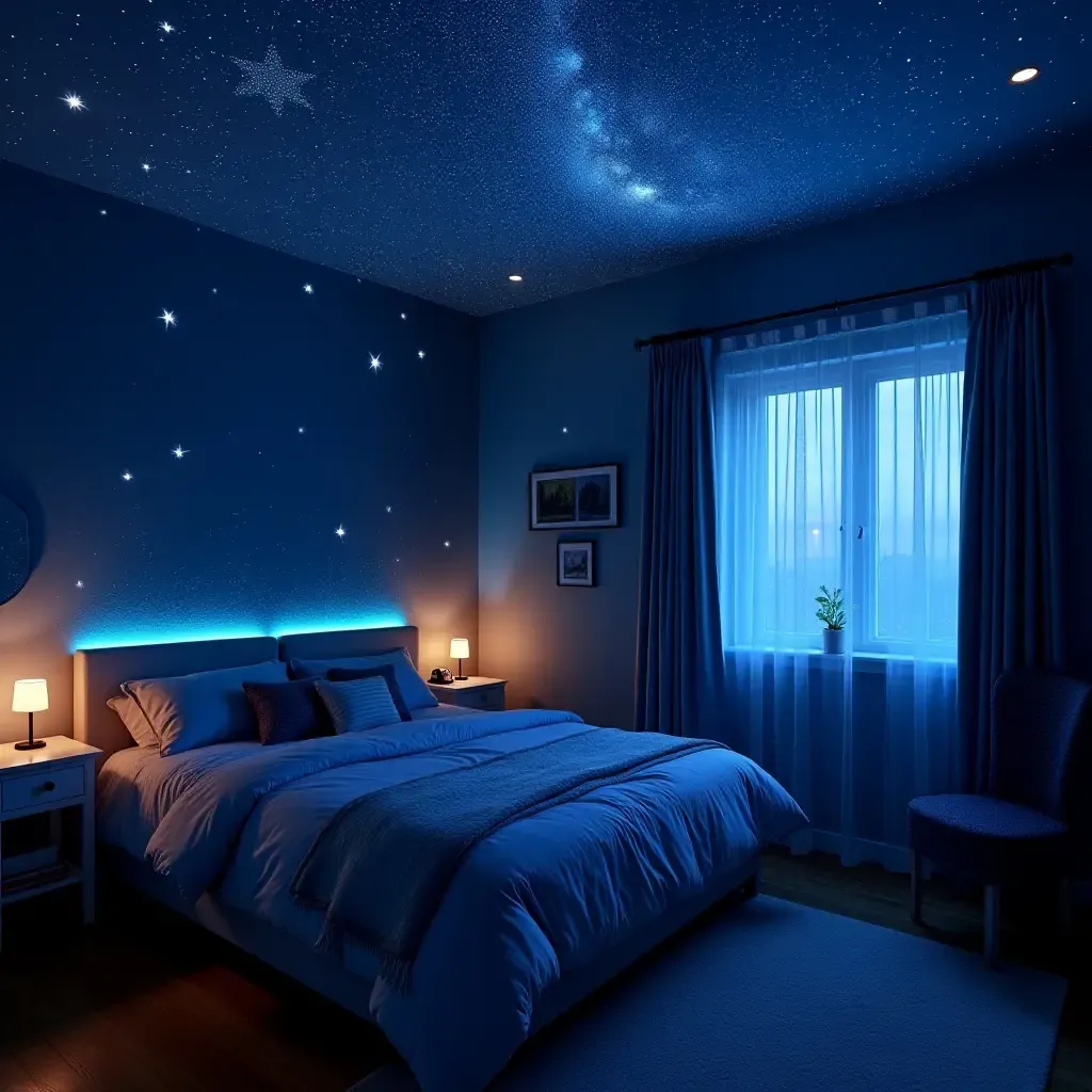 a photo of a teen&#x27;s bedroom with a starry night ceiling and glow-in-the-dark elements