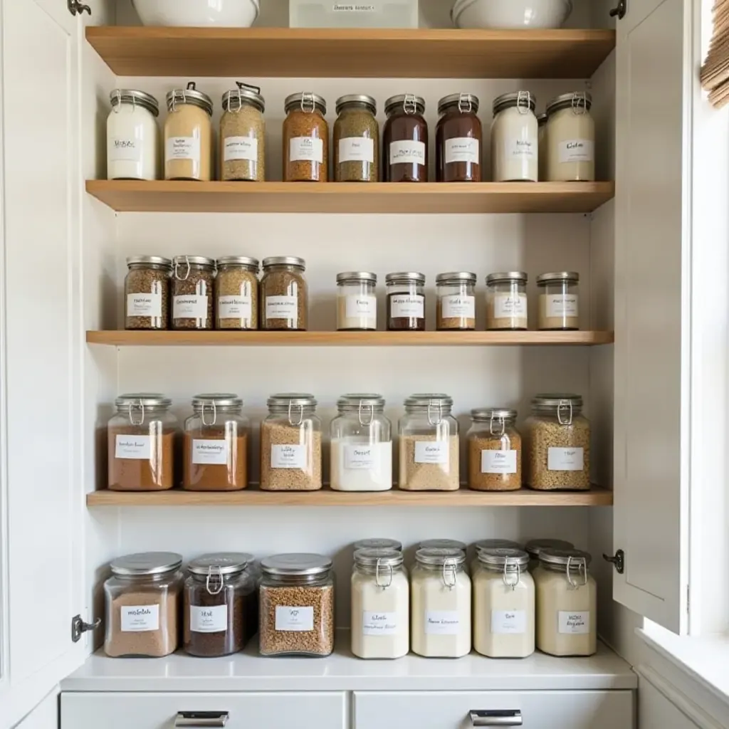 a photo of a well-organized pantry with open shelving and labeled jars