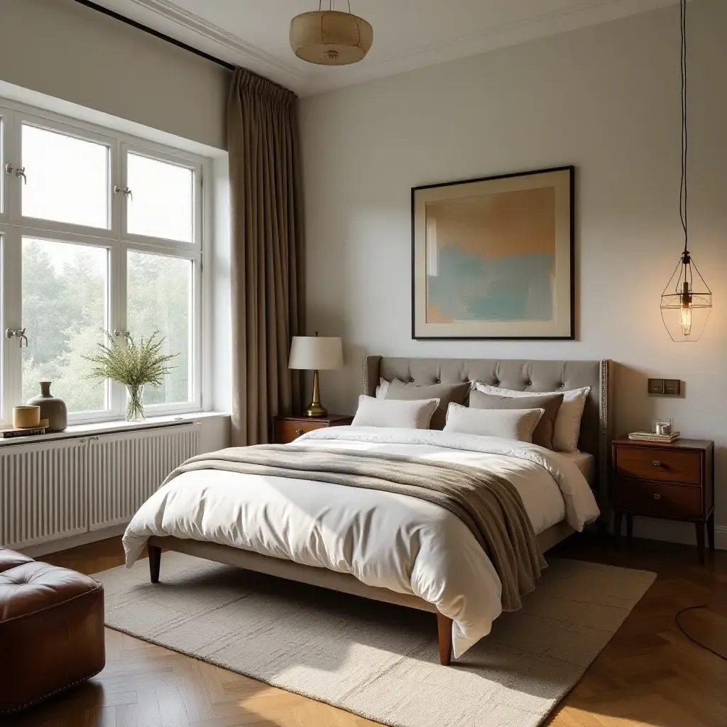 a photo of a bedroom displaying a mix of vintage and contemporary decor