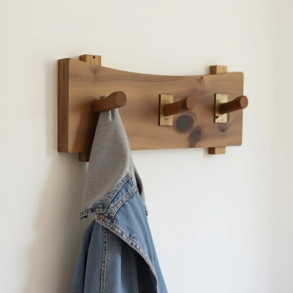 a photo of a creative coat rack made from reclaimed wood