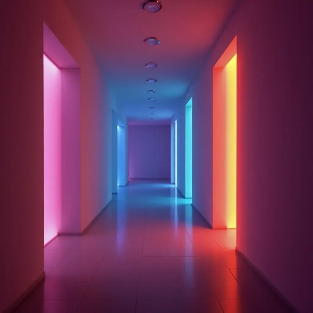 a photo of a corridor with a gradient color-changing light strip