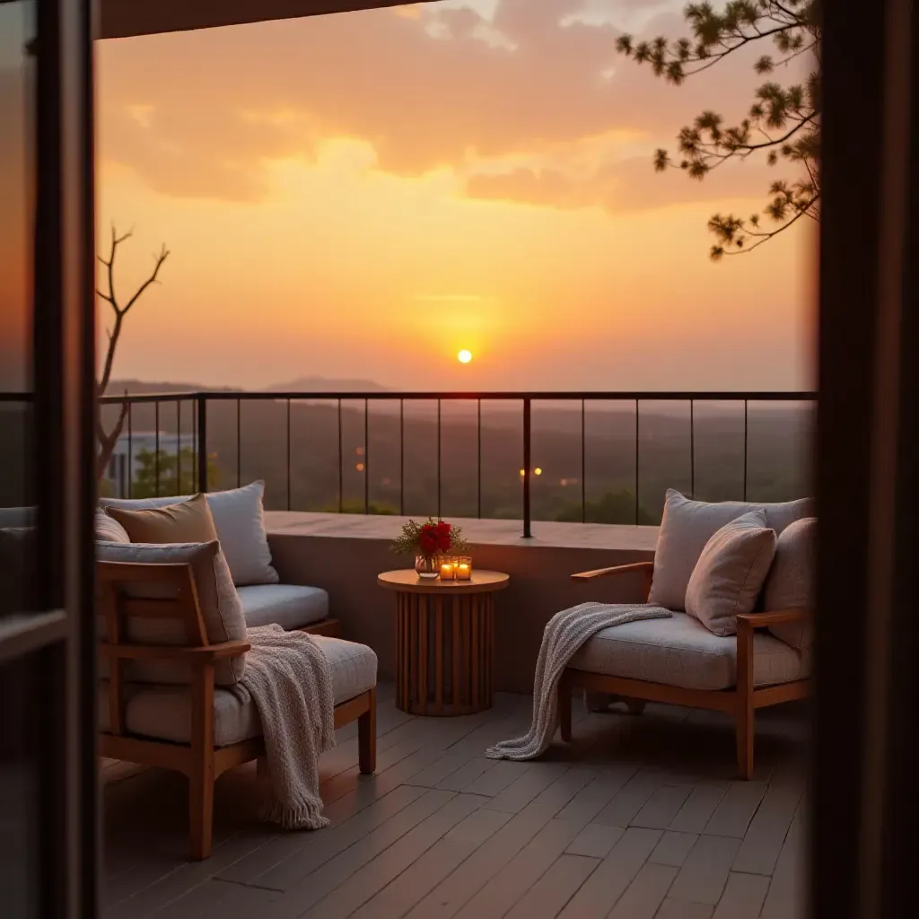 a photo of a balcony set for sunset with warm throw pillows