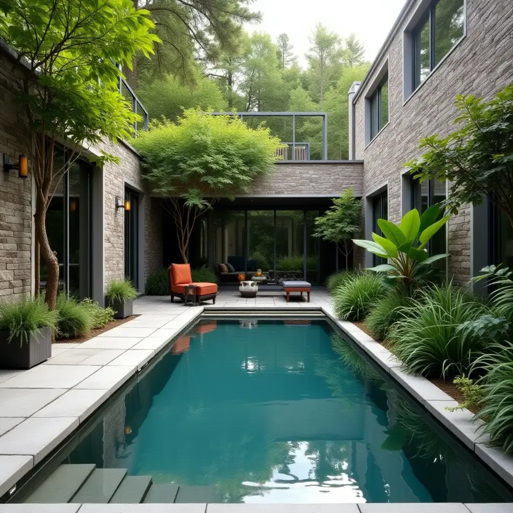 a photo of a tranquil pool area with natural stone walls and plants