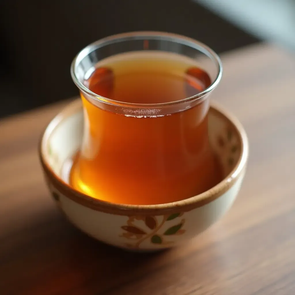 a photo of a glass of yulmu cha, a roasted barley tea, served in a traditional Korean cup.