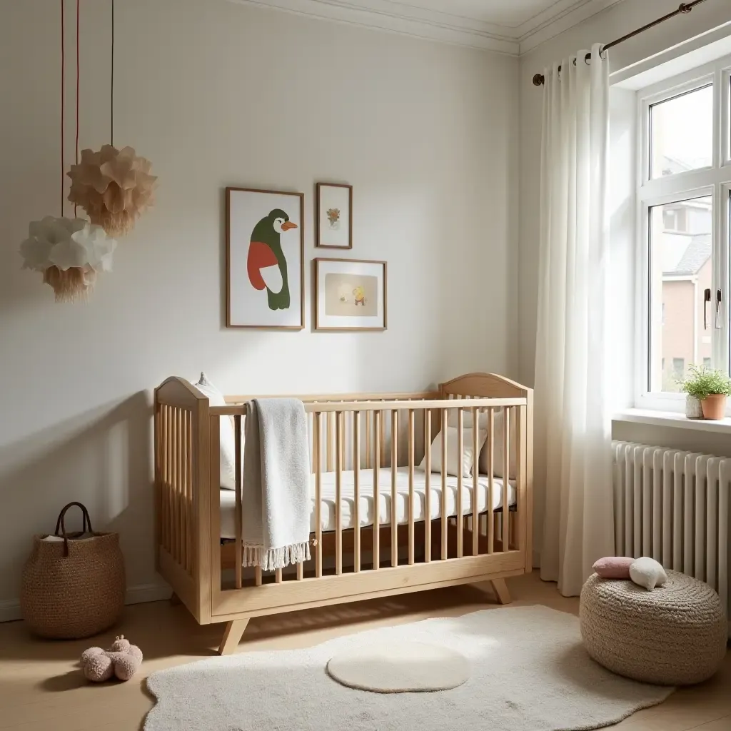 a photo of a nursery with a vintage playpen and modern decor