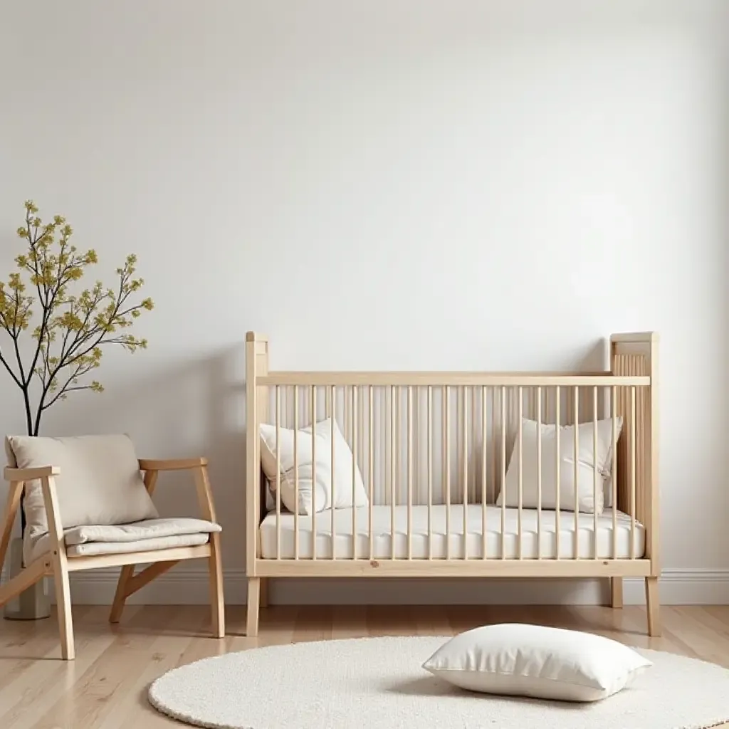 a photo of a minimalist nursery using wood, fabric, and metal harmoniously