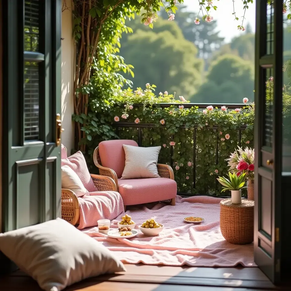 a photo of a charming balcony with a vintage picnic setup and blankets