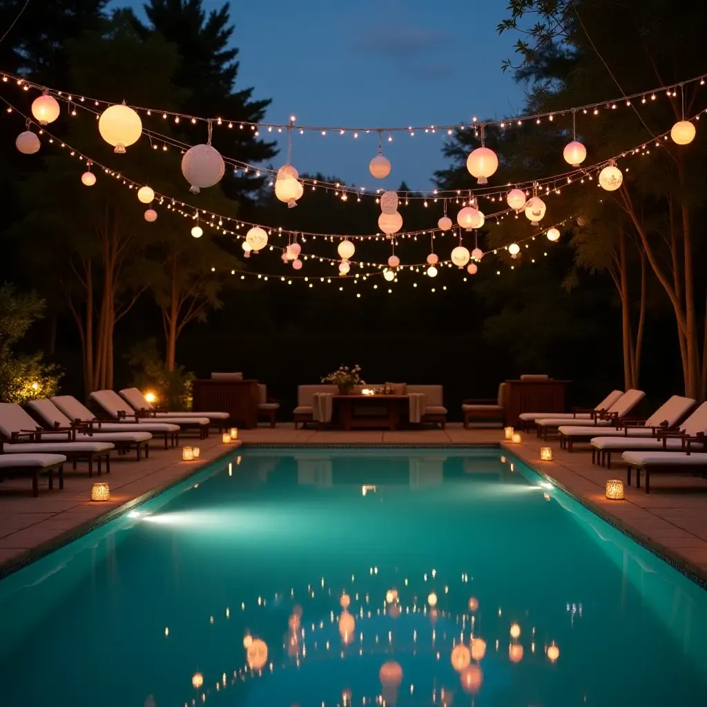 a photo of a romantic pool setting with hanging lanterns