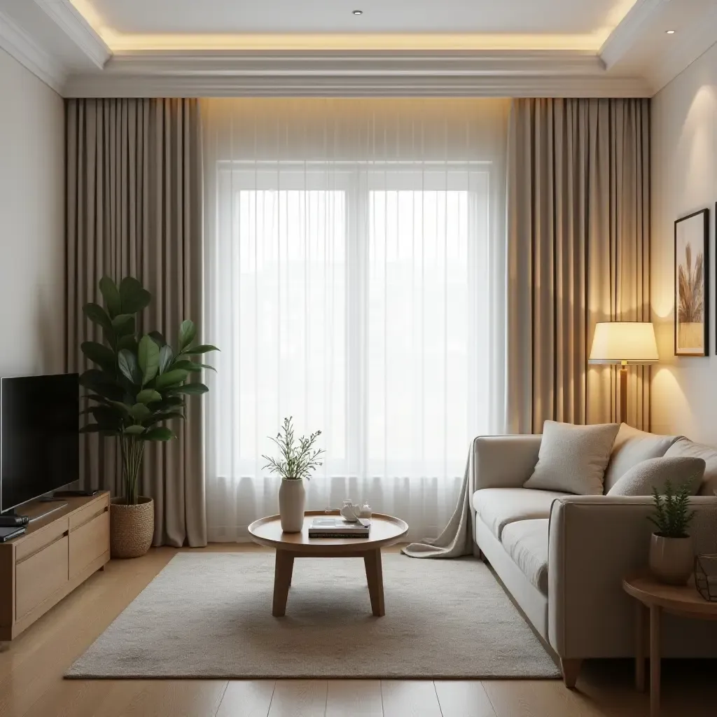 a photo of a small living room with curtains that enhance space