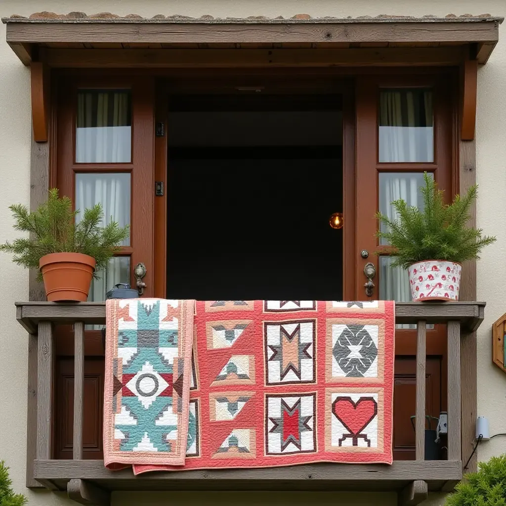 a photo of a balcony adorned with colorful quilts and rustic decor