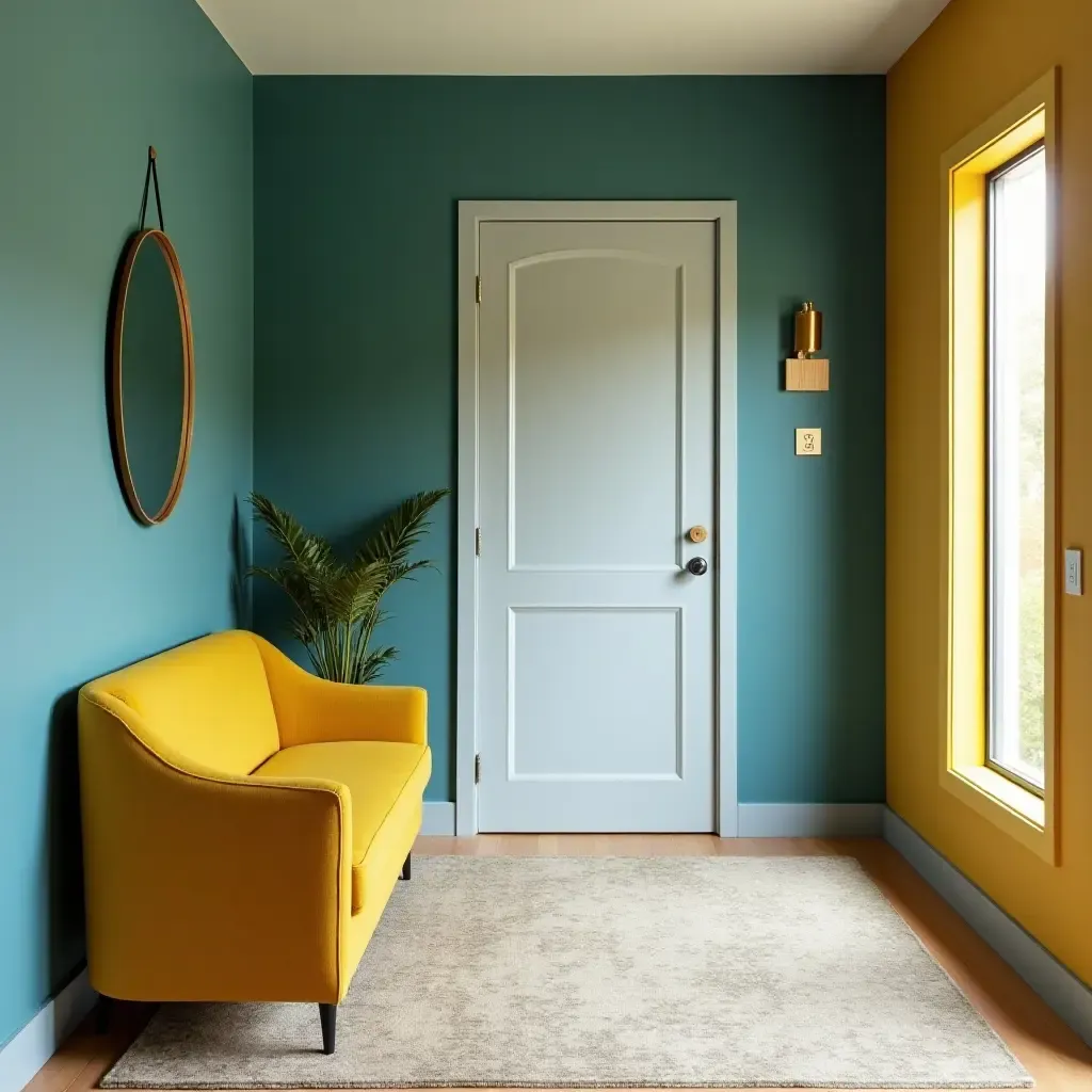 a photo of a modern teal and mustard entryway with bold furniture choices