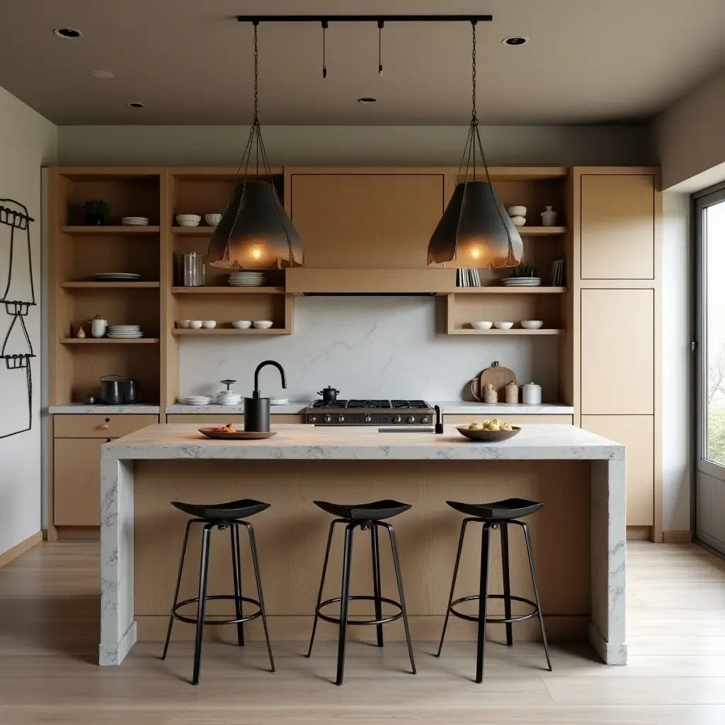 a photo of a chic kitchen with a wooden table, stone countertops, and metal bar stools