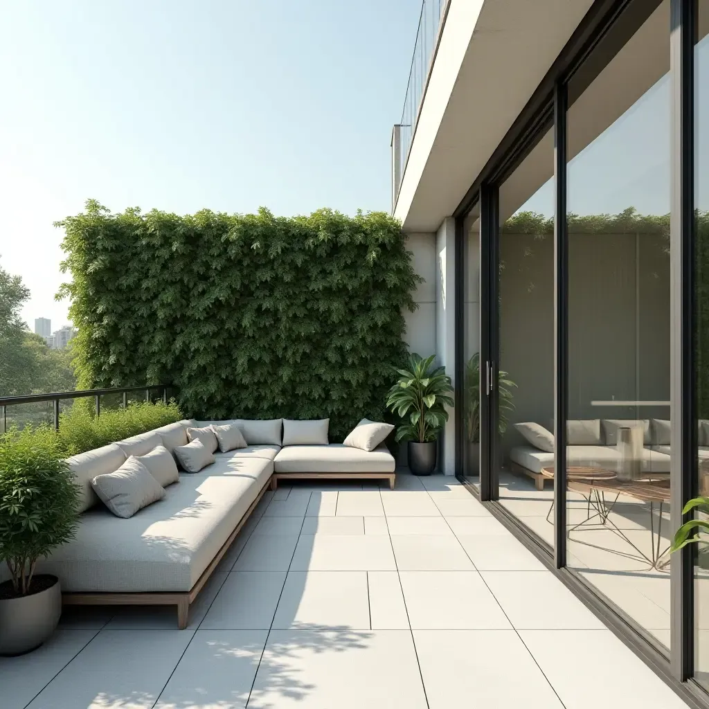 a photo of a modern balcony with a vertical garden and minimalist furniture