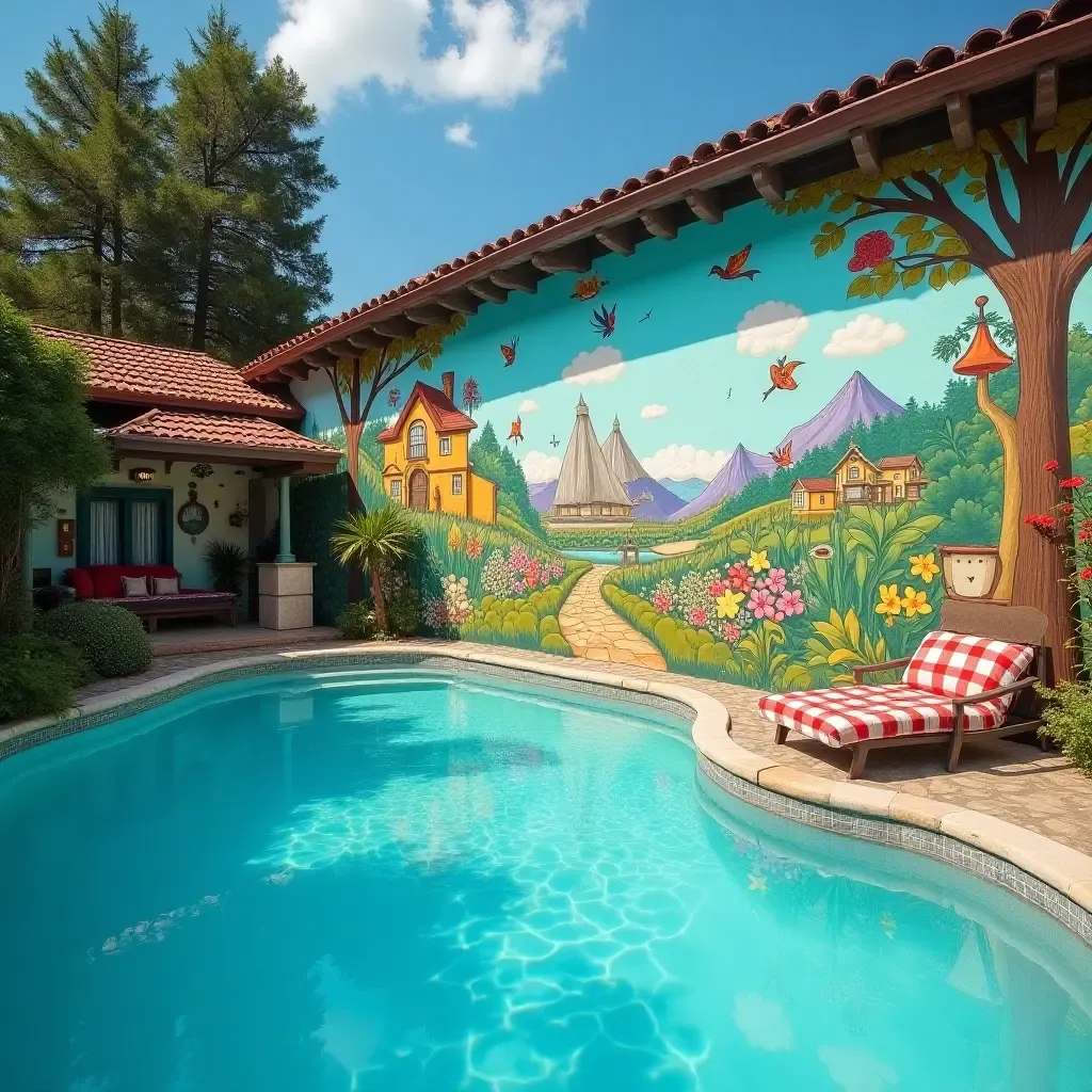 a photo of a whimsical fairy tale mural by the pool