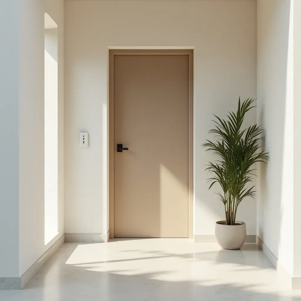 a photo of a minimalist entrance with a single tall plant in the corner