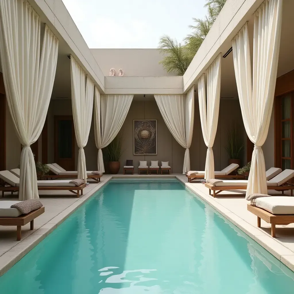 a photo of an outdoor pool area showcasing fabric drapes, wooden loungers, and artistic metal sculptures